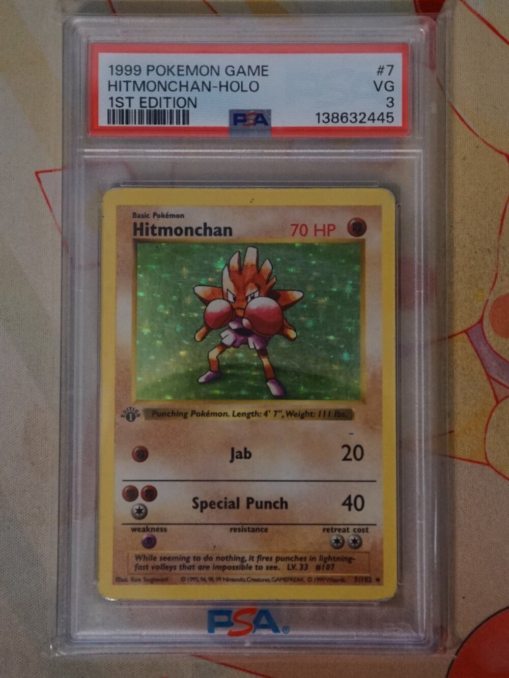 PSA 3 Hitmonchan 7/102 1st Edition Holo Base Set 1999 Pokemon Cert 138632445